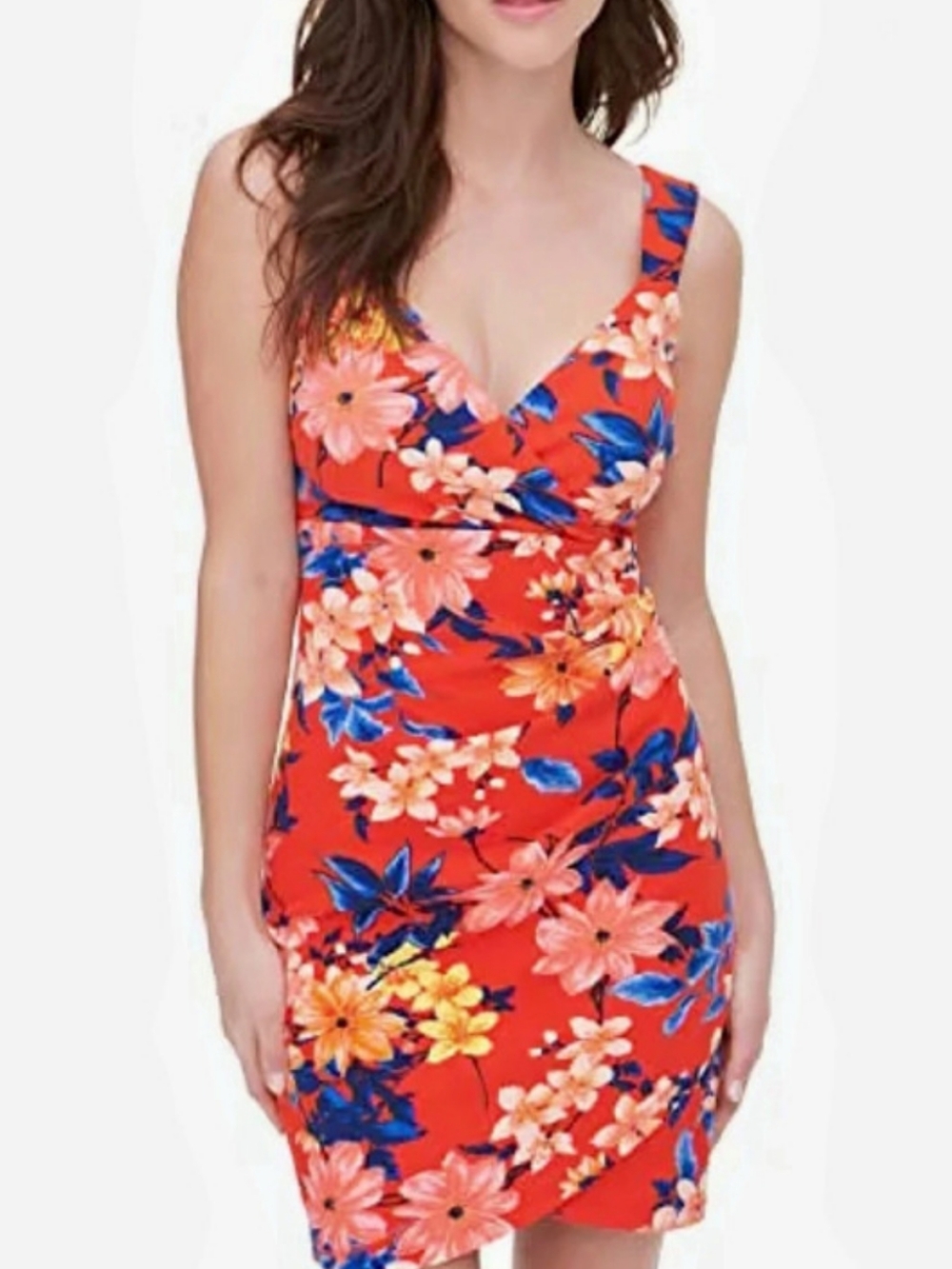 GUESS Red  Sleeveless V-Neck Scuba Crepe Floral Dress Size 12